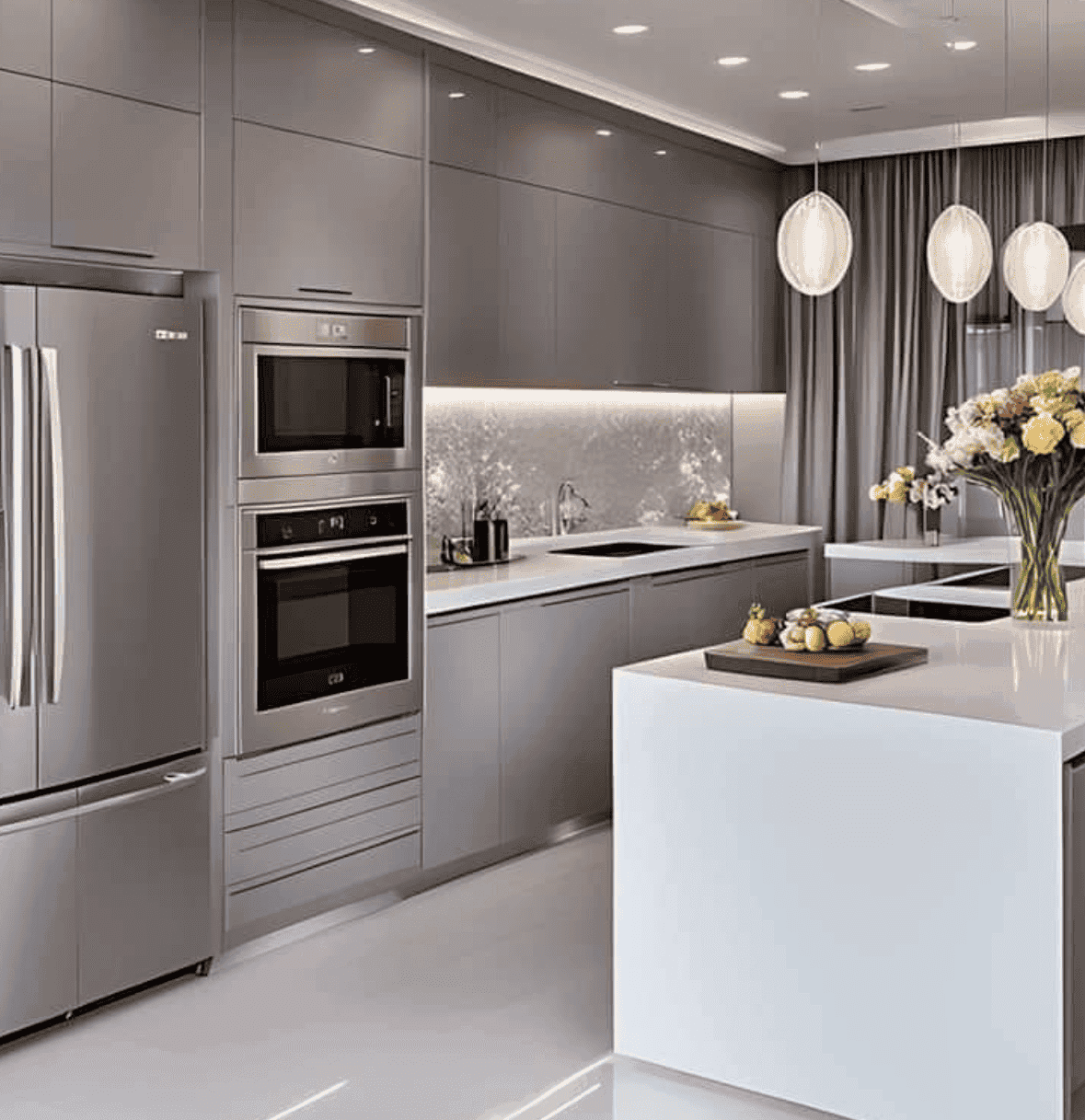 Completed kitchen with handleless grey cabinets and a white island under pendant lights