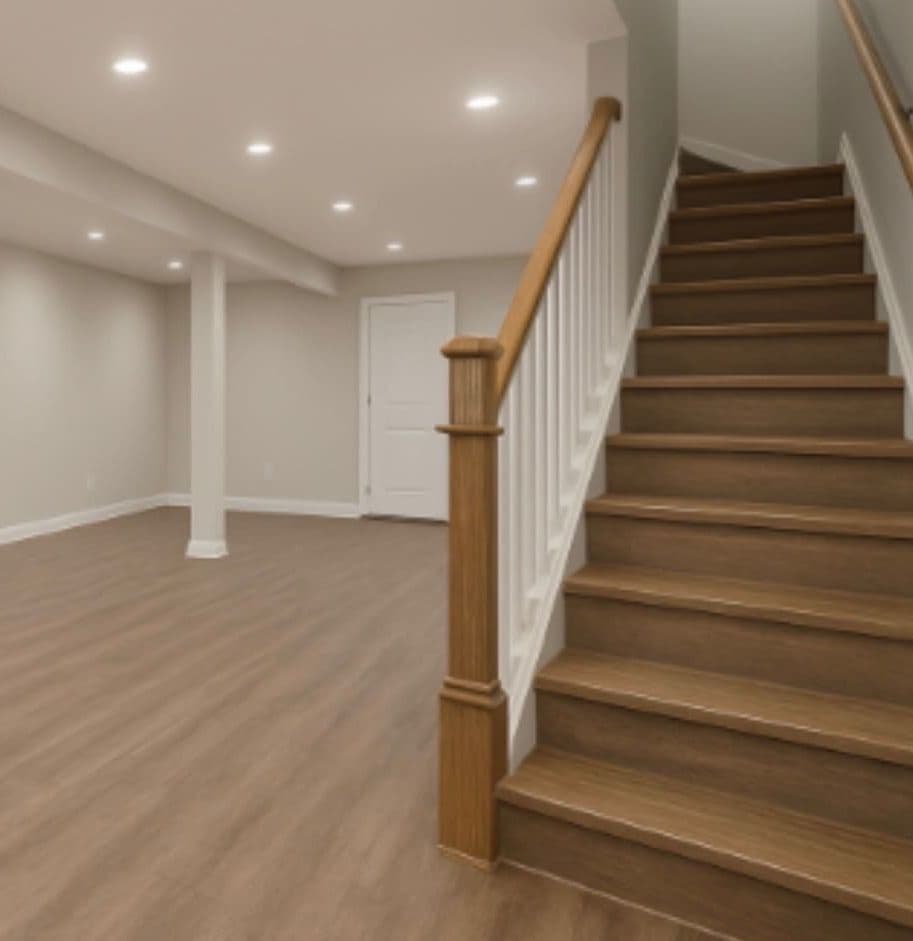 Finished basement living space with plank flooring and an open staircase