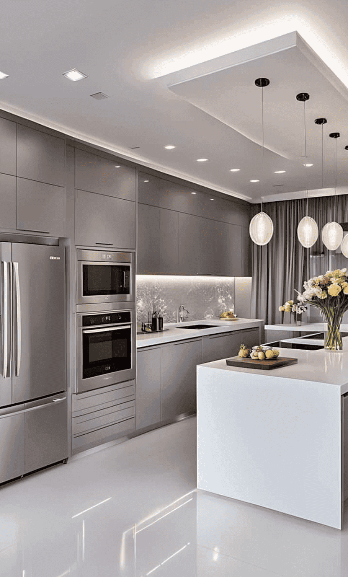 Kitchen with handleless grey cabinets and a white island under pendant lights